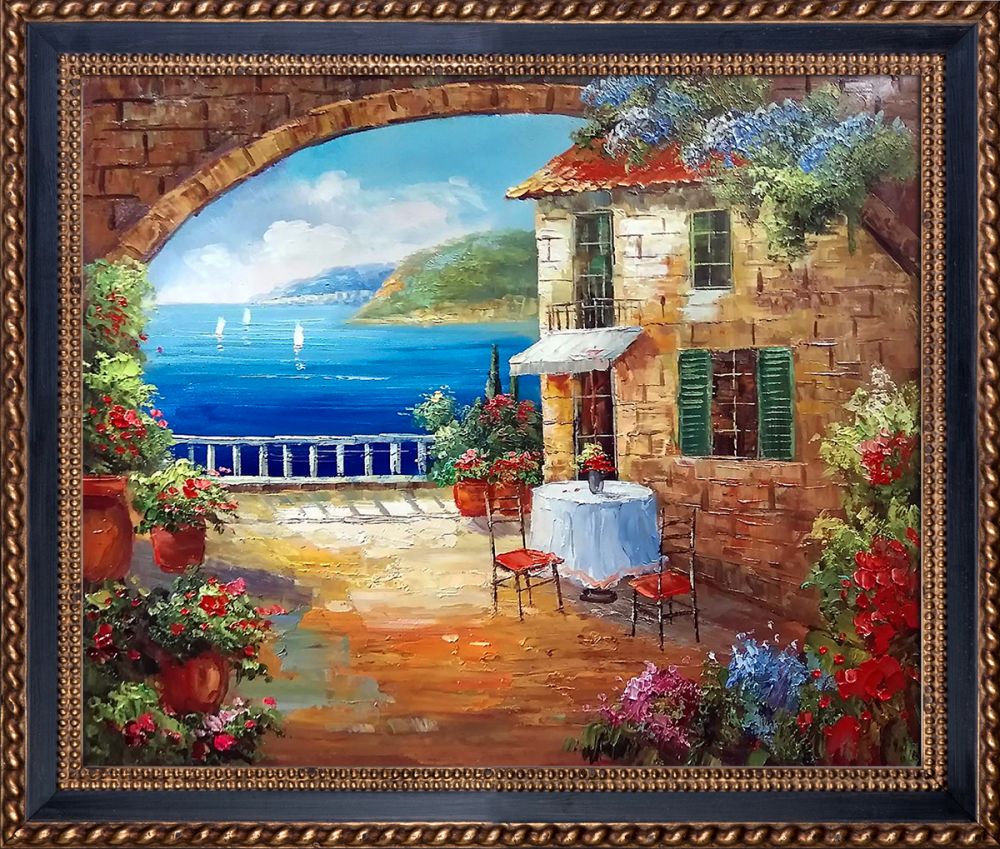 Cafe At Oceanside Pre-Framed - Verona Black and Gold Braid 20" X 24"
