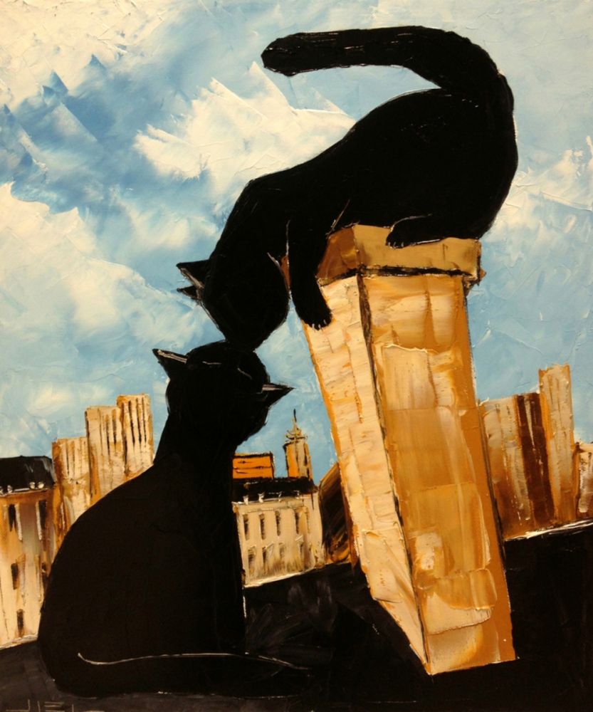 Black cat with his pretty on Paris roofs