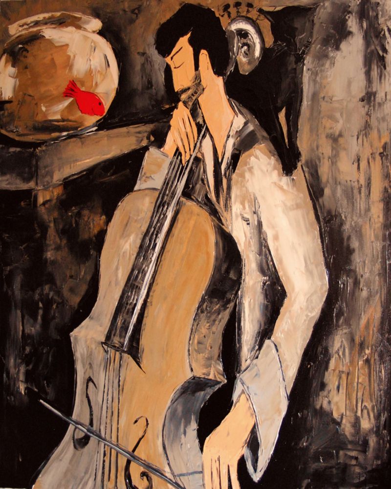 Cellist with goldfish and black cat