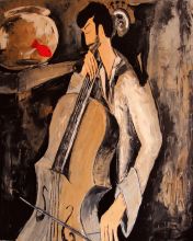 Cellist with goldfish and black cat