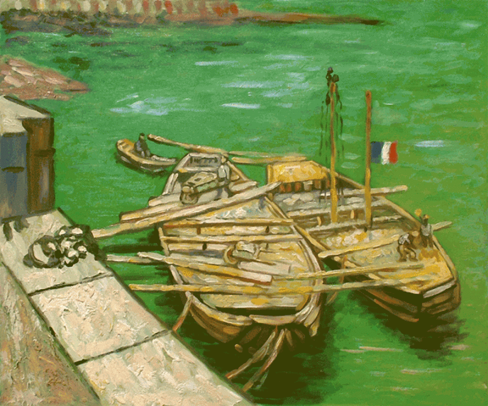Quay with Men Unloading Sand Barges