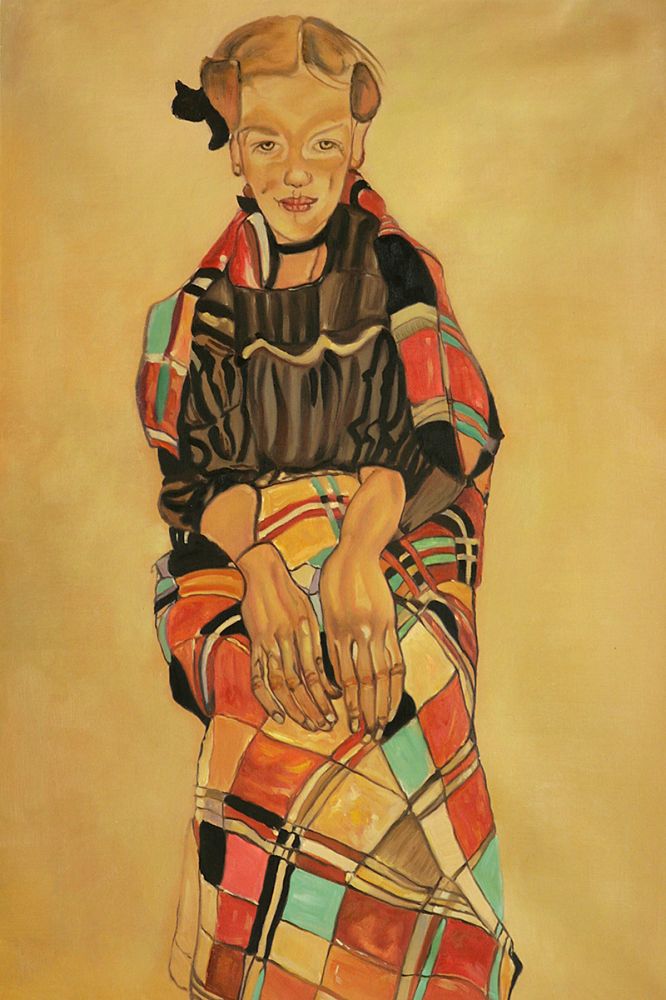 Girl in Black Pinafore, Wrapped in Plaid Blanket, 1910