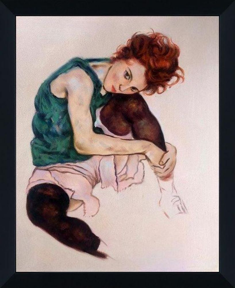 Seated Woman with Legs Drawn Up Pre-framed - Studio Black Wood Frame 8"X10"