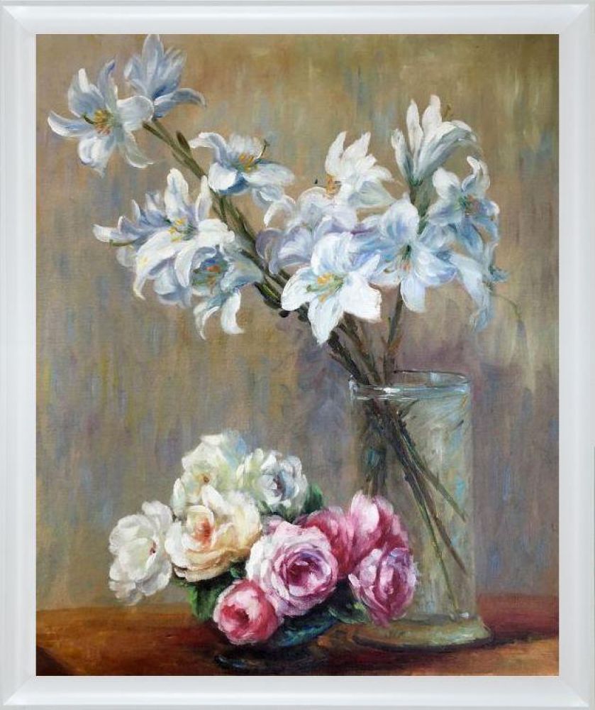 Roses and Lilies Pre-framed - Moderne Blanc Frame 20" X 24"