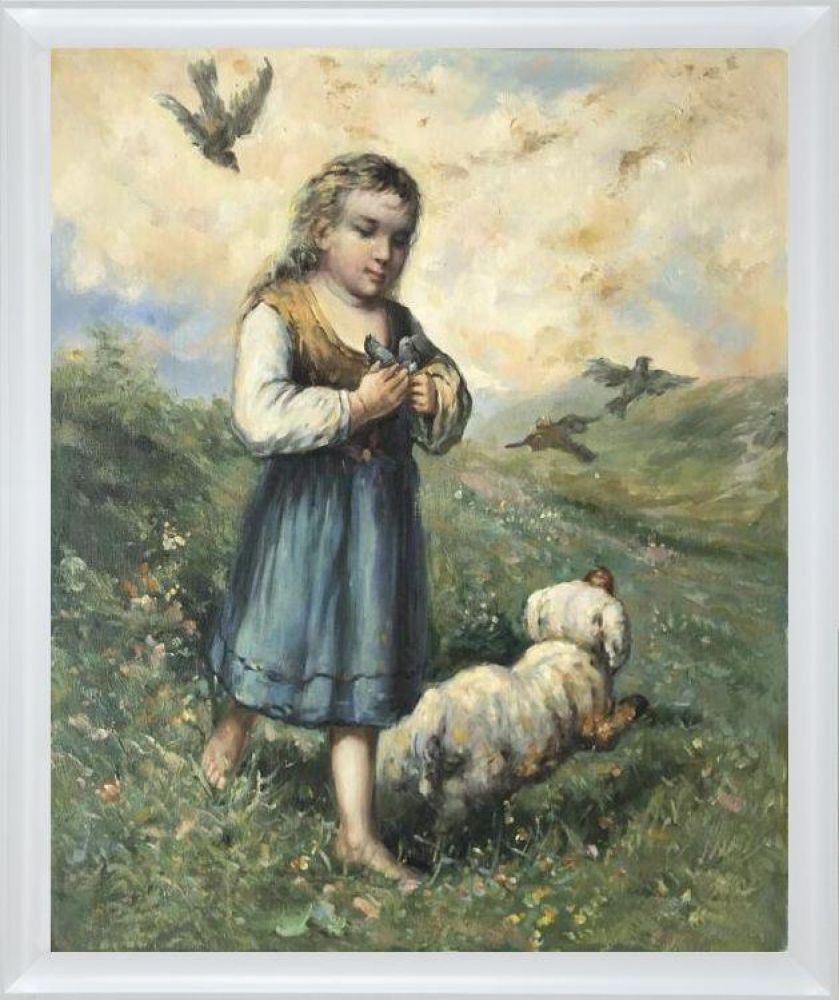 Child with Birds and Dog Pre-framed - Moderne Blanc Frame 20" X 24"