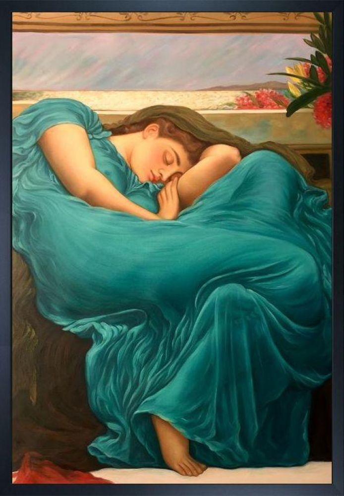 Flaming June in Teal Pre-framed - Studio Black Wood Frame 24"X36"