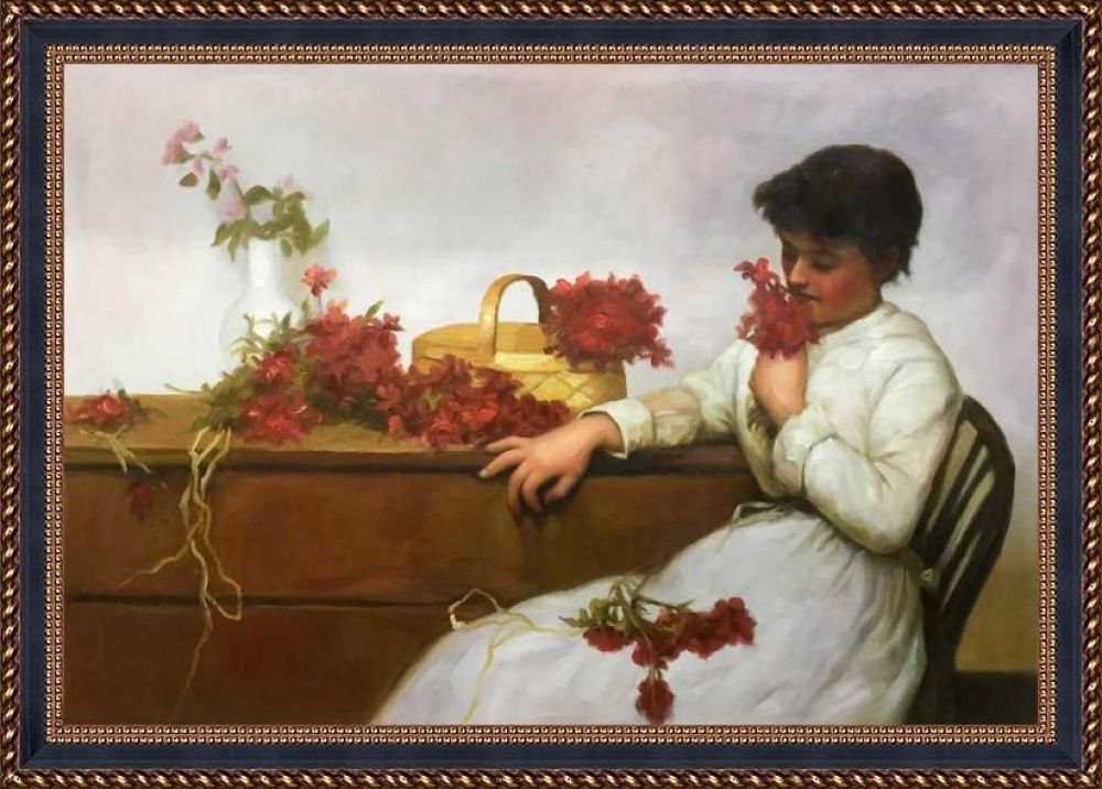 Girl Arranging Flowers Pre-Framed - Verona Black and Gold Braid 24"X36"