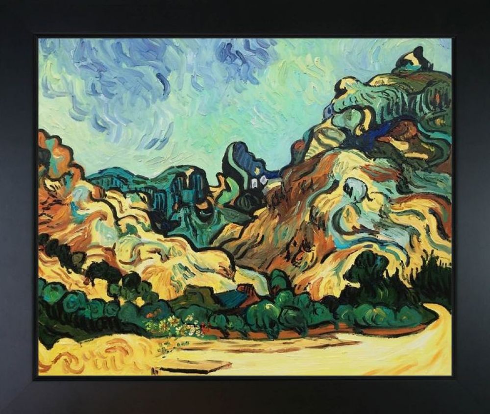 Mountains at St. Remy with Dark Cottage Pre-framed - New Age Black Frame 20"X24"