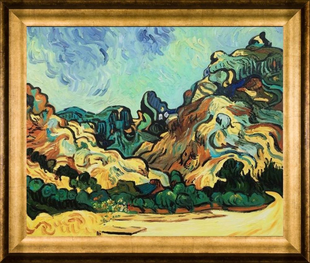 Mountains at St. Remy with Dark Cottage Pre-framed - Athenian Gold Frame 20"X24"