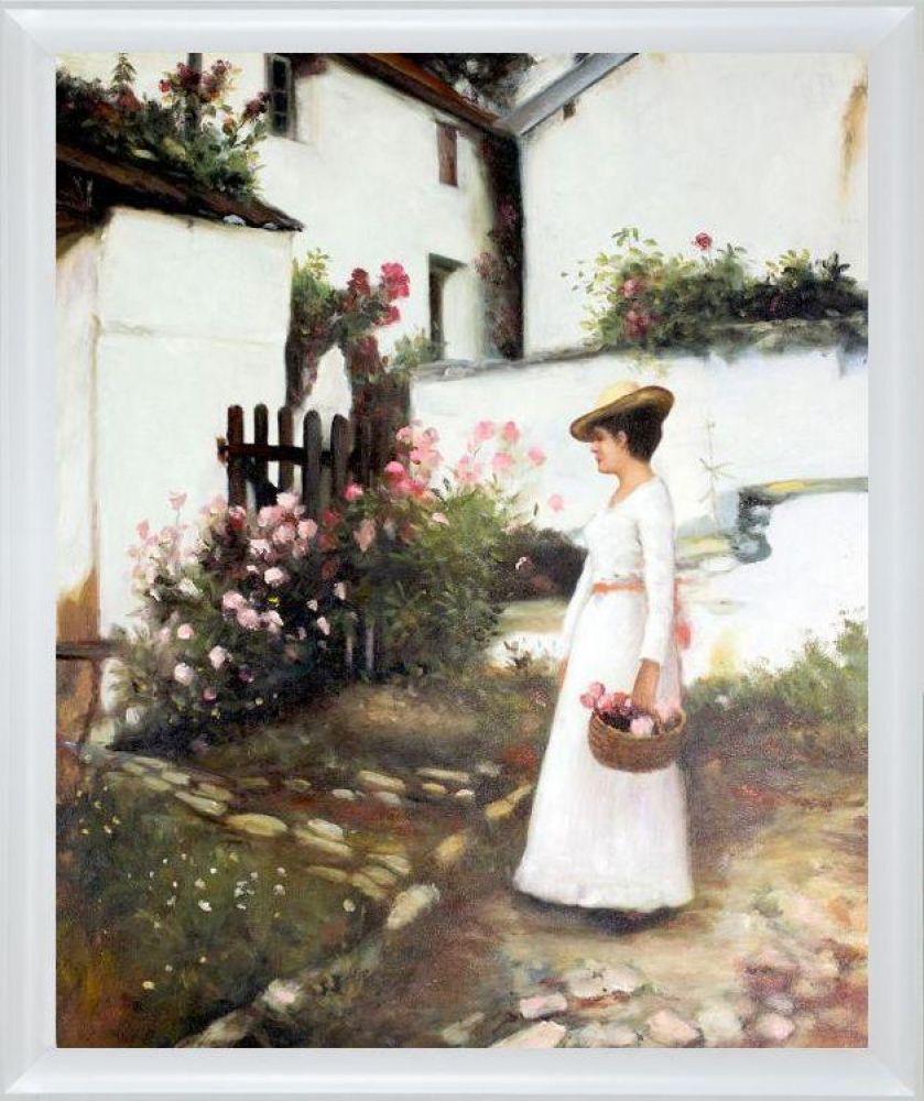 Gathering Summer Flowers in a Devonshire Garden Pre-framed - Moderne Blanc Frame 20" X 24"