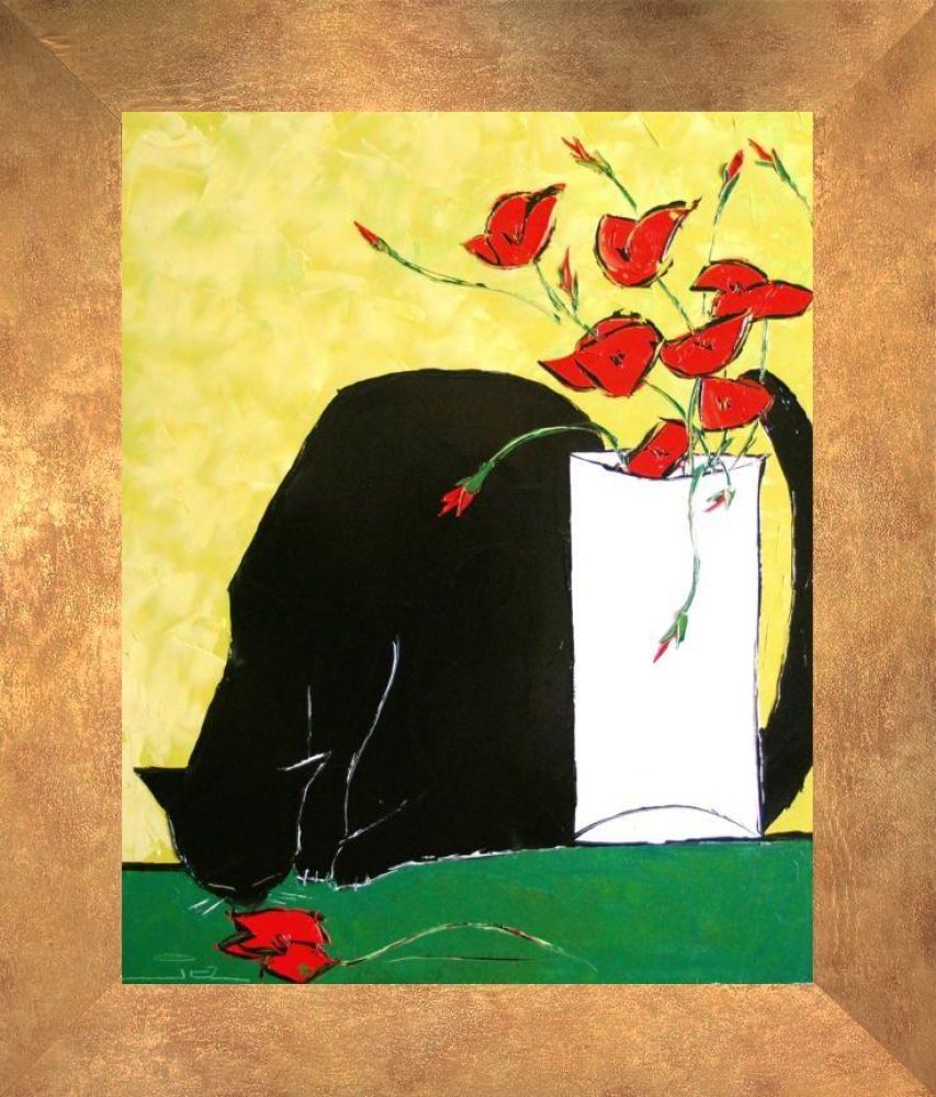 Black Cat and His Poppies Pre-framed - Florentine Gold Frame 16"X20"