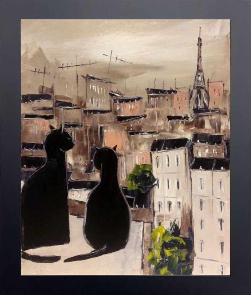 Black Cat and His Pretty on Paris Roofs Pre-framed - Flat Black Studio Frame 20"X24"