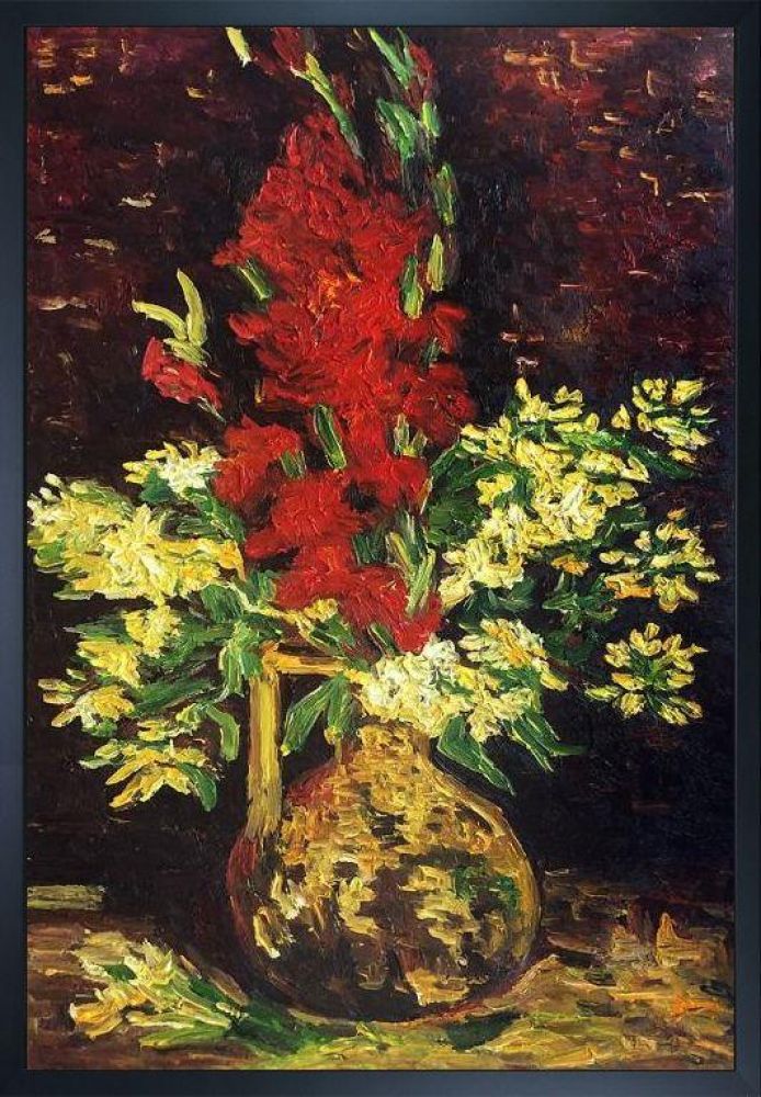 Vase with Gladioli and Carnations Pre-framed - Studio Black Wood Frame 24"X36"