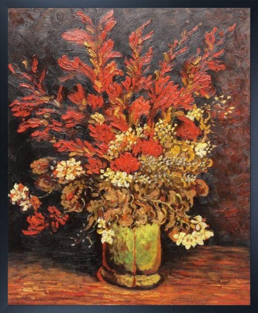 Vase with Gladioli and Carnations (Red) Pre-framed - Studio Black Wood Frame 20"X24"