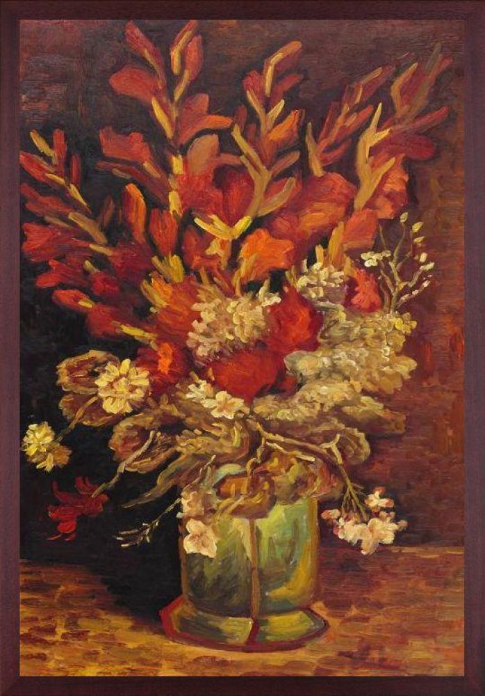 Vase with Gladioli and Carnations (Red) Pre-framed - Open Grain Mahogany 24" X 36"