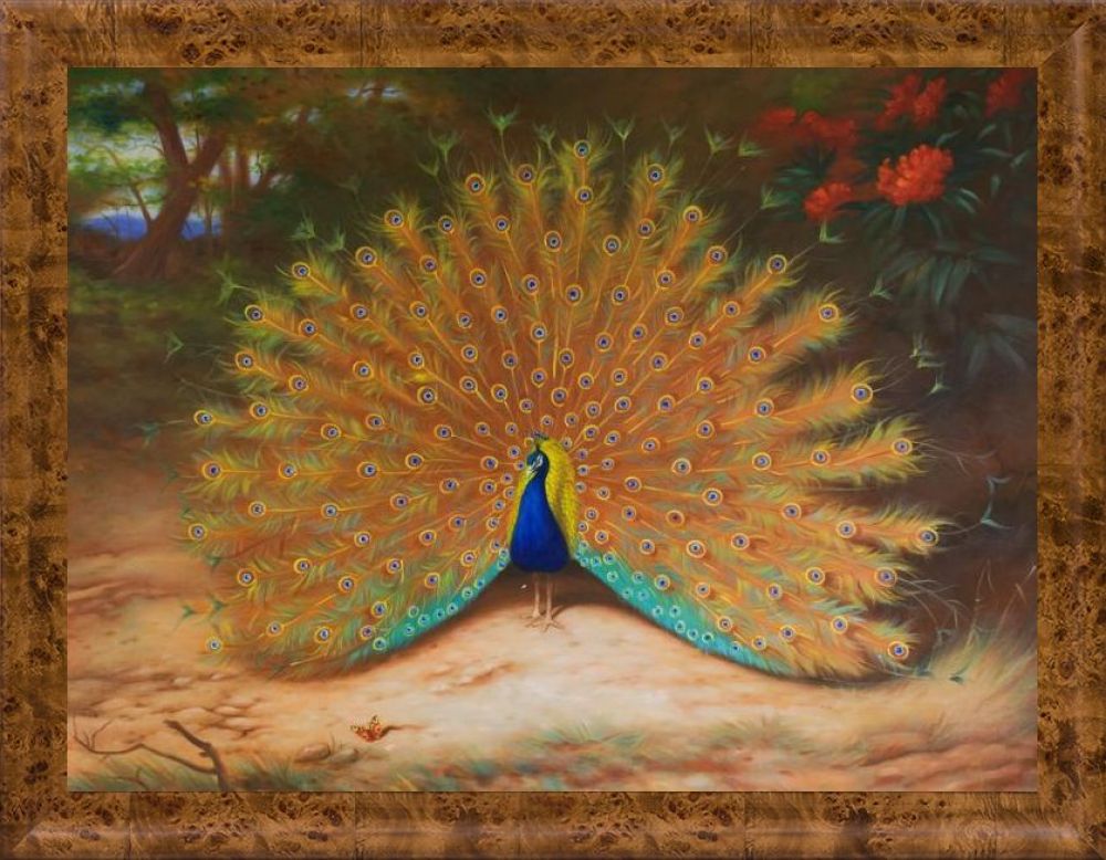 Peacock and Peacock Butterfly, 1917 Pre-Framed - Havana Burl Frame 30" X 40"