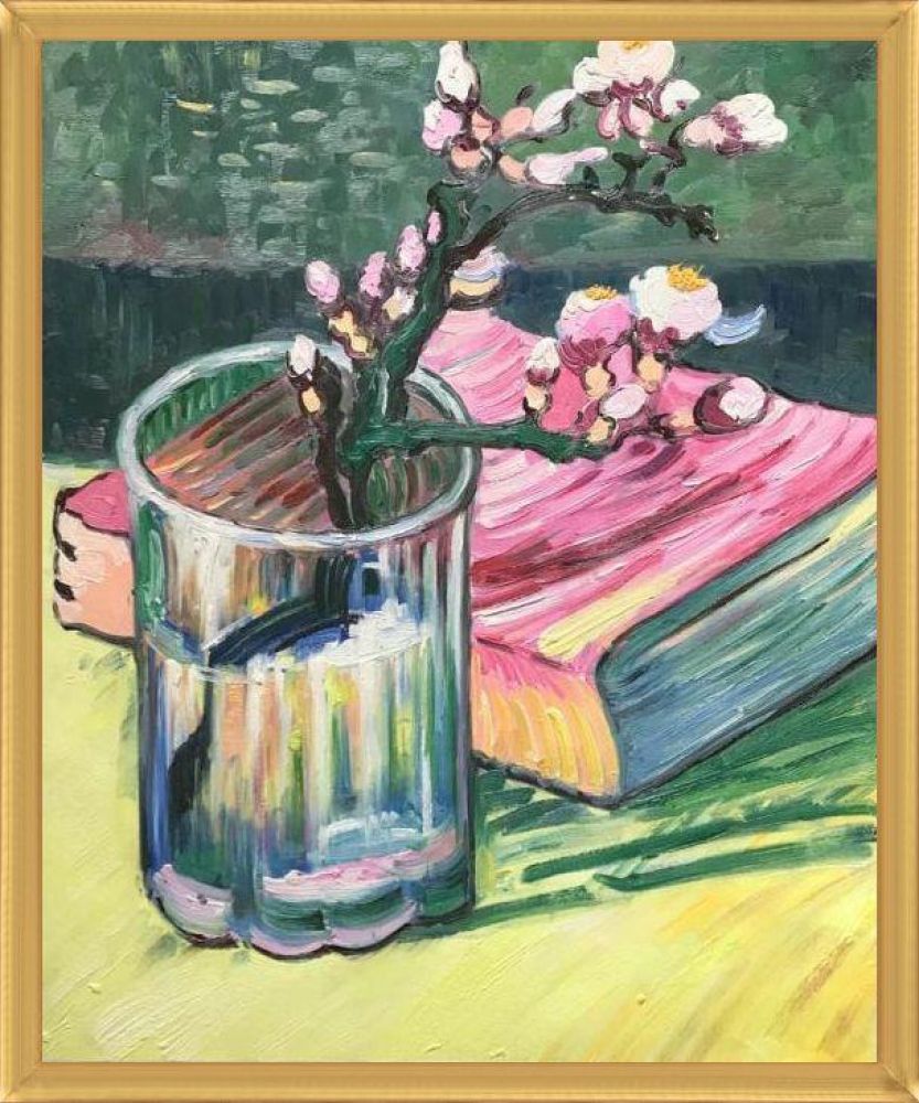 Blossoming Almond Branch in a Glass with a Book, 1888 Pre-framed - Piccino Luminoso Frame 20" X 24"